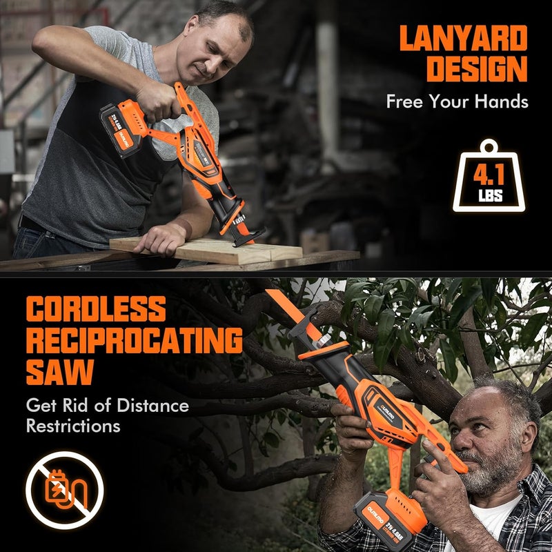 olmlmo Reciprocating Saw Cordless with 8 Blades: 2 x 4.0Ah Battery, Brushless Motor 3300 RPM, Cordless Reciprocating Saw Kit for Wood PVC Metal Tree Bone Cutting DIY (Orange) - Image 3